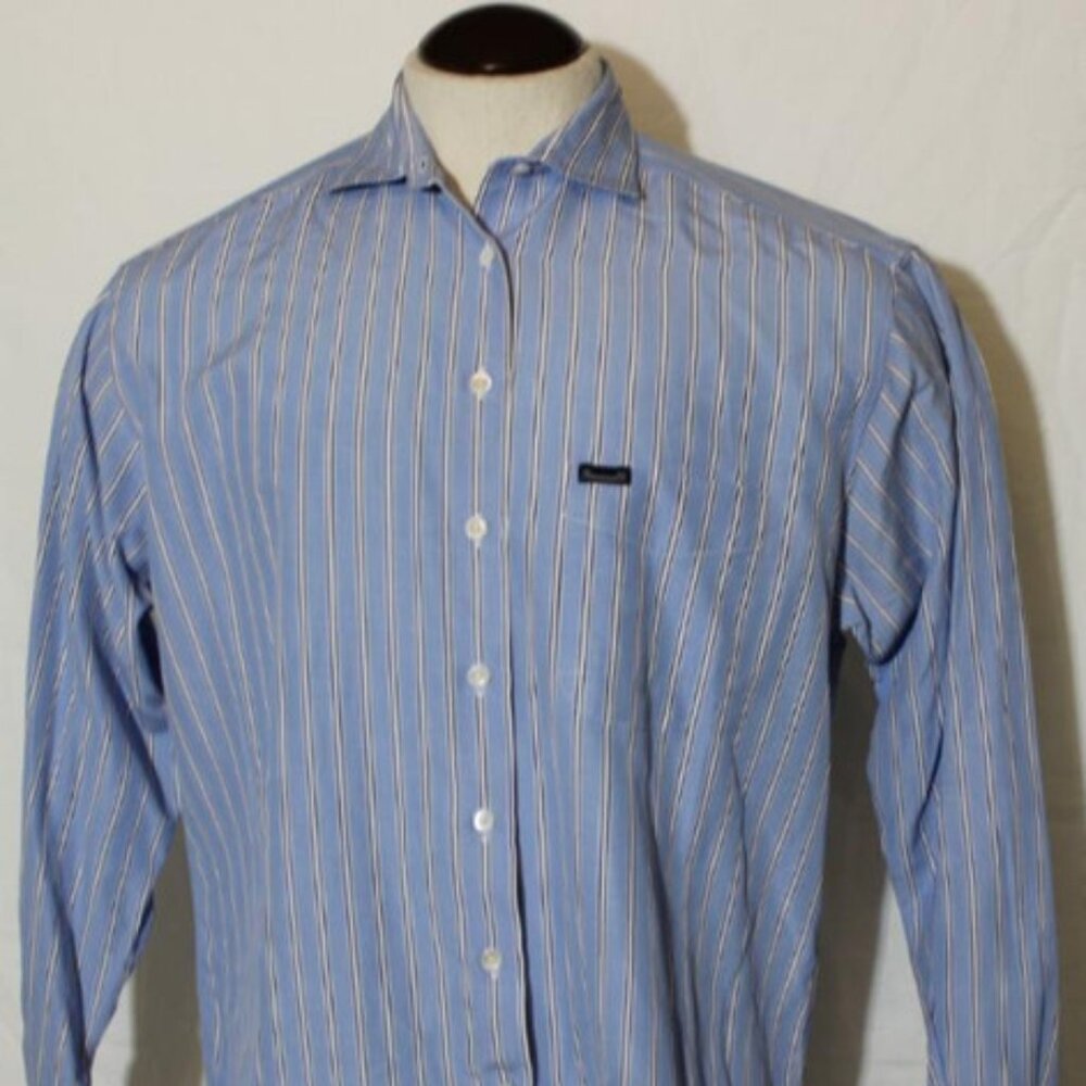 Faconnable Men's Shirt Blue w White Stripes One Pocket w Logo 100% Cotton Medium